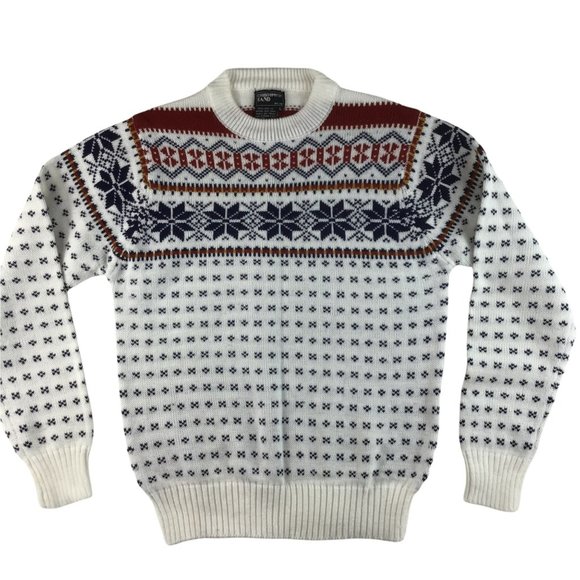 Vintage Other - Vintage Mens Sweater M fair isle snowflake ski print crew white blue 70s 80s